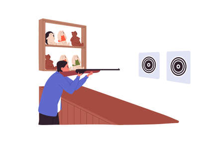 Shooter with rifle gun at shooting range with toys for fun and entertainment. Person aiming at targets with shotgun. Leisure game with weapon. Flat vector illustration isolated on white backgroundのイラスト素材
