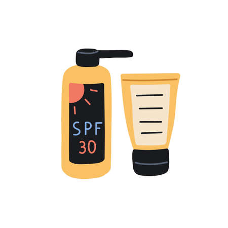 Sun protection cream, lotion in bottle and tube. Sunscreen, sunblock skin care cosmetic for summer beach with 30 SPF for face, body. Flat graphic vector illustration isolated on white backgroundのイラスト素材