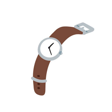 Hand watches with round clock face and leather straps. Wristwatches with circle dial in classic retro style. Wrist accessory for time. Flat vector illustration isolated on white backgroundのイラスト素材