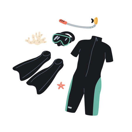 Diving wet suit, flippers, goggles mask, scuba tube for snorkeling. Wetsuit, jumpsuit for underwater swimming, foot fins, glasses. Divers wearing. Flat vector illustration isolated on white backgroundのイラスト素材