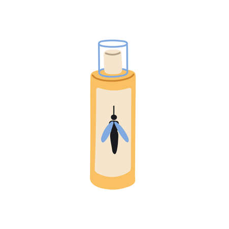 Repellent, anti mosquito spray in aerosol bottle. Liquid lotion in sprayer pack against insects. Insecticide package. Flat vector illustration isolated on white backgroundのイラスト素材