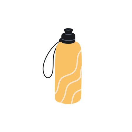 Reusable sports water bottle closed with cap and string loop. Eco plastic drink container with lid. Flat vector illustration isolated on white backgroundのイラスト素材