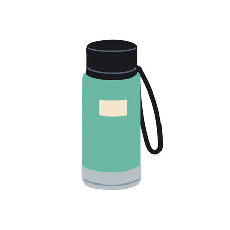 Reusable recycled sports water bottle. Plastic drink container closed with cap, lid and string loop. Eco travel package. Flat vector illustration isolated on white backgroundのイラスト素材