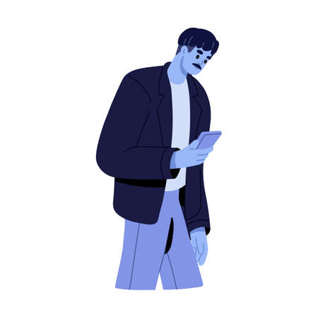 Man addicted with mobile phone. Person uses cellphone, scrolling internet. Online information consumption, social media addiction concept. Flat vector illustration isolated on white backgroundのイラスト素材