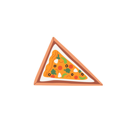 Pizza slice in takeaway box. Triangle piece of Italian fast food in carton. Take away vegetarian fastfood with vegetables, olives, cheese. Flat vector illustration isolated on white backgroundのイラスト素材