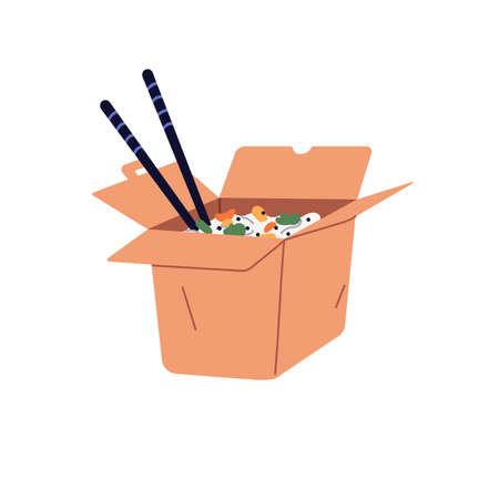 Asian food in delivery box with chopsticks. Chinese takeaway meal with rice noodle and vegetables. Open wok, Japan dish. Take-away package. Flat vector illustration isolated on white backgroundのイラスト素材