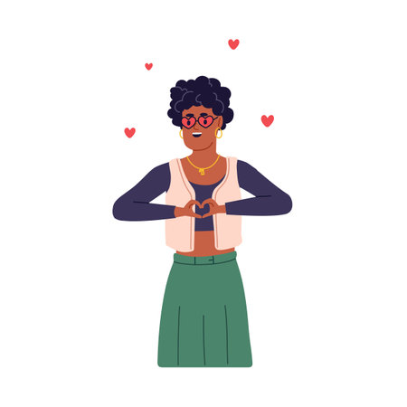 Happy woman gesturing heart with hands, fingers. Funny black girl expressing love, affection. Cute romantic person in valentine sunglasses. Flat vector illustration isolated on white backgroundのイラスト素材