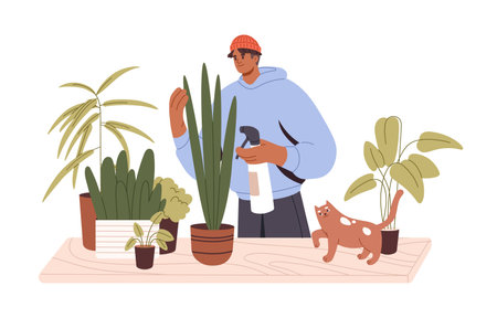 Man caring about potted house plants. Young guy spraying water on houseplants leaf. Happy person growing green home decoration and cute cat. Flat vector illustration isolated on white backgroundのイラスト素材