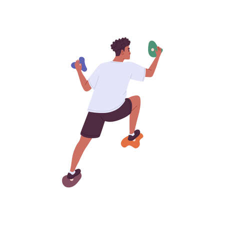 Black man climbing up rock wall in bouldering park. Agile person climber gripping, holding stones, boulders of cliff, mountain. Sports activity. Flat vector illustration isolated on white backgroundのイラスト素材