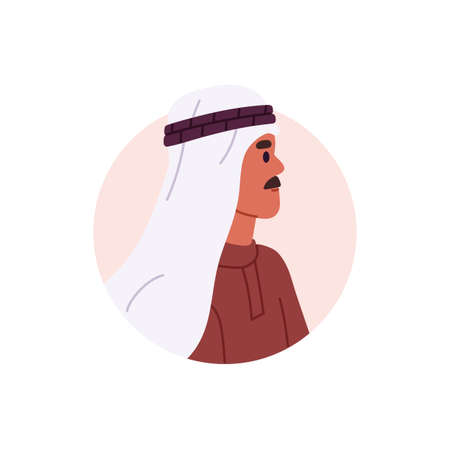 Arab Muslim man face portrait. Arabian person wearing head scarf, traditional keffiyeh. Male character in headwear, user profile avatar. Flat vector illustration isolated on white backgroundのイラスト素材