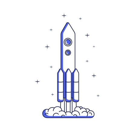 Lineart rocket ship launching with fame from engine. Spaceship, space shuttle boost. Rocketship flying up to cosmos, future. Line art flat graphic vector illustration isolated on white backgroundのイラスト素材