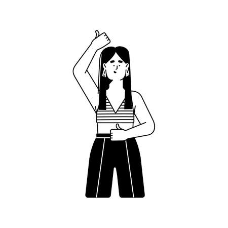 Lineart girl character showing thumb up with finger, expressing support, approval. Happy woman with thumbup hand gesture, yes and OK cool sign. Flat vector illustration isolated on white backgroundのイラスト素材