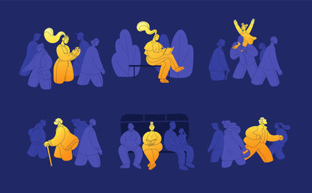 High life energy concept set. Happy positive inspired people. Excited energetic outstanding optimistic characters in good mood, happiness, inspiration, enthusiasm. Isolated flat vector illustrationsのイラスト素材