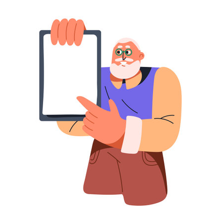 Senior man showing, pointing at blank empty paper on clipboard. Happy old elderly person, professor advertising, presenting smth at tablet screen. Flat vector illustration isolated on white backgroundのイラスト素材