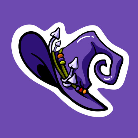 Pointy witch hat for Halloween holiday. Pointed cap, spooky creepy Helloween purple head wear. October party headwear, sorceress accessory, decoration. Isolated flat vector illustrationのイラスト素材