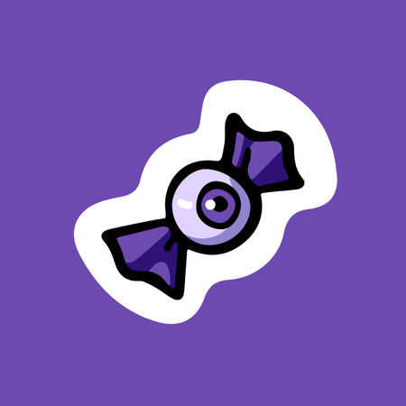 Halloween candy in scary pack. Sweet bonbon in eyeball wrapper for Helloween holiday. Eye lollipop, sugar caramel for spooky horror party. Creepy treat. Isolated flat vector illustrationのイラスト素材