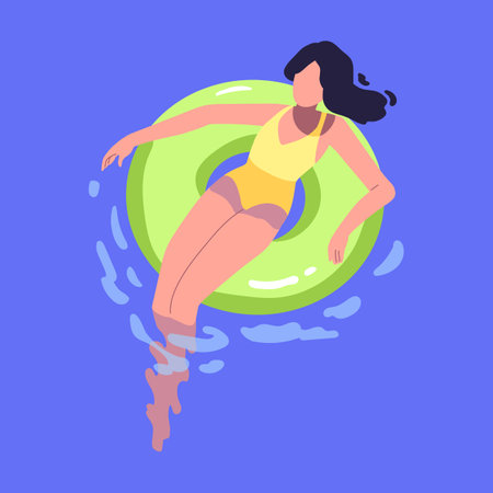 Woman swimming in inflatable ring in water pool. Girl floating, sunbathing, lying on rubber circle in sea on summer holiday, top view. Flat graphic vector illustration isolated on white backgroundのイラスト素材