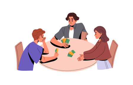 People play cards, board game, sitting at table together. Happy friends players at boardgame, poker, home leisure activity. Indoor entertainment. Flat vector illustration isolated on white backgroundのイラスト素材