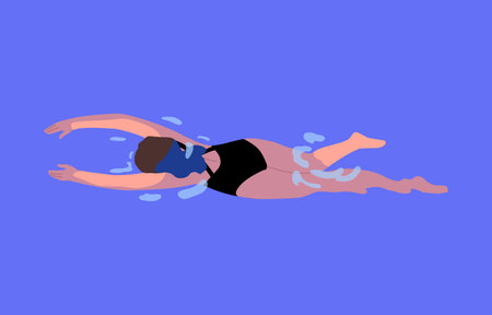 Woman swimming in water. Girl in swimwear in pool. Top view of female character swimmer floating in sea on summer holiday. Healthy aqua relaxation, exercising. Colored flat vector illustrationのイラスト素材