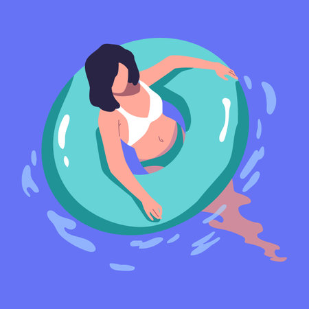 Woman in bikini swimming in inflatable rubber ring. Young girl in swimwear floating in pool, sea at summertime. Female character in swimsuit relaxing on summer holiday. Flat vector illustrationのイラスト素材