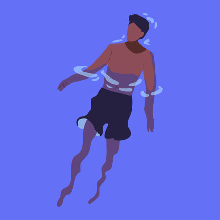 Black man in trunks floating in water. Person swimmer swimming on back, relaxing on summer vacation, above view. African-American guy in shorts at sea resort. Flat vector illustrationのイラスト素材