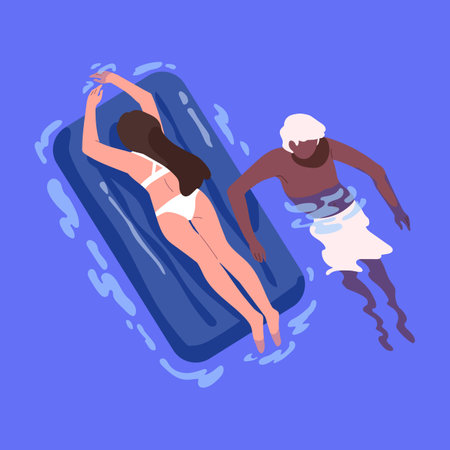 Couple floating, sunbathing in water. Biracial people relaxing in pool. Woman in bikini lying on inflatable rubber mattress, man swimming in sea, overhead top view. Flat vector illustrationのイラスト素材