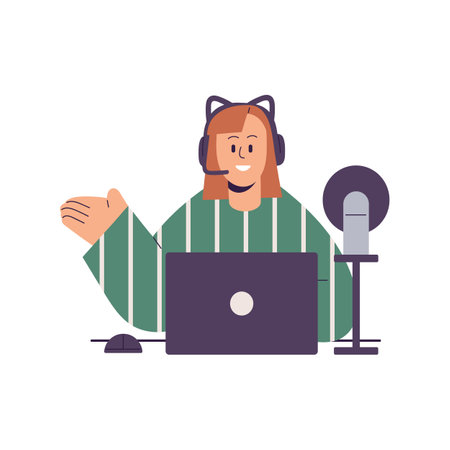 Streamer recording video, sitting at laptop in headset with microphone. Girl streaming online. Blogger in headphones at live broadcast. Flat graphic vector illustration isolated on white backgroundのイラスト素材
