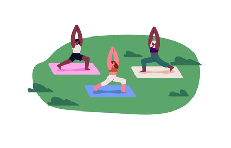 Outdoor yoga class. Girls exercising, training in nature, standing in Warrior asana, pose. Women group workout, fitness in park. Flat graphic vector illustration isolated on white backgroundのイラスト素材