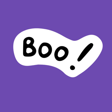 Boo, lettering sticker for Halloween holiday. Helloween calligraphy, handwritten word. Calligraphic art, hand written text for spooky October. Isolated flat vector illustrationのイラスト素材