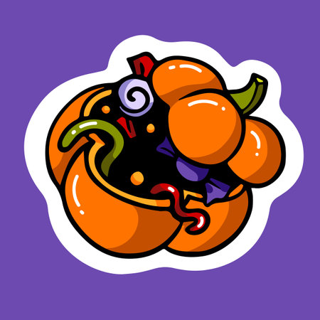 Orange pumpkin bucket full of candies for Trick and Treat. Halloween sweets, sugar snacks, worms, lollypops, sweetmeats. Helloween sticker with lollipops. Isolated flat cartoon vector illustrationのイラスト素材