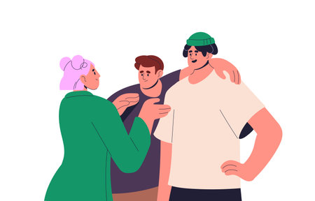 Happy friends meeting, talking. Young woman speaking to men. Modern people chatting. Informal communication, dialogue, conversation concept. Flat vector illustration isolated on white backgroundのイラスト素材