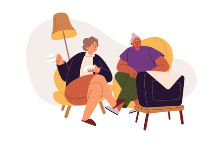 Senior women friends watching TV, sitting in armchairs at home. People of old age at television. Leisure of elderly female characters, retirement. Flat vector illustration isolated on white background.のイラスト素材