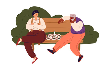 Senior men playing chess game outdoors, sitting on bench in park. People friends of old age at leisure time. Elderly characters resting. Flat vector illustration isolated on white background.のイラスト素材