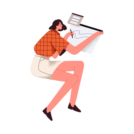 Digital illustrator, artist drawing, painting on screen of tablet PC. Modern creative girl with software and stylus, pencil at work process. Flat vector illustration isolated on white backgroundのイラスト素材