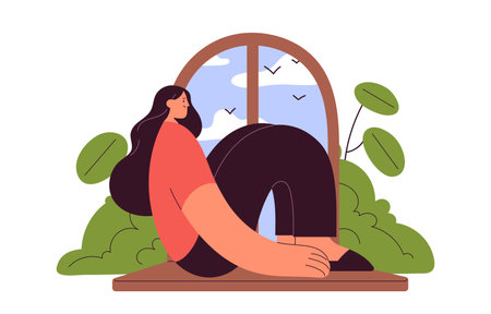 Happy woman sitting on windowsill, looking outside at sky, clouds and birds. Young girl relaxing, resting on window sill at home. Flat graphic vector illustration isolated on white backgroundのイラスト素材