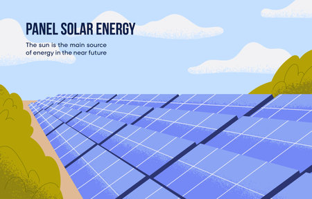 Solar farm with cells, glass panels, photovoltaic batteries for eco sunlight energy, alternative sustainable renewable power. Green recycled generators, sun modules, system. Flat vector illustrationのイラスト素材