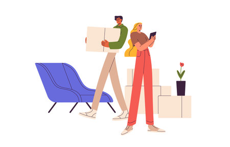 Family couple leaving house, carrying boxes. Husband taking cardboard packages for moving to new home, relocation, wife checking list of things. Flat vector illustration isolated on white backgroundのイラスト素材