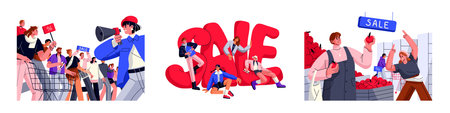 Sale and discount concept. Happy excited people ready for shopping, buying with price off....