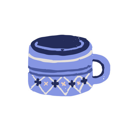 Handmade ceramic cup, stoneware item. Hand-made ceramics, mug painted with acryl. Craft pottery, crockery with pattern. Porcelain teacup. Colored flat vector illustration isolated on white backgroundのイラスト素材
