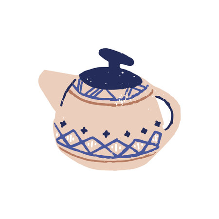 Ceramic tea pot design. Handmade ceramics, pottery. Hand-made teapot, kettle decorated with enamel and painted with pattern in rustic style. Flat vector illustration isolated on white backgroundのイラスト素材