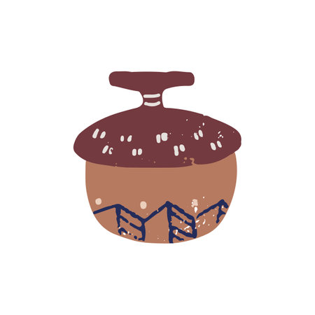 Ceramic pot covered with lid. Handmade pottery in rustic country style. Hand-made ceramics, crockery. Clay earthenware, kitchen stoneware. Flat vector illustration isolated on white backgroundのイラスト素材