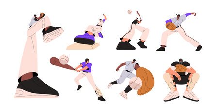 Baseball players playing sport game set. Catchers, batters athletes throwing, catching, pitching and hitting ball with bats, gloves. Flat graphic vector illustrations isolated on white backgroundのイラスト素材