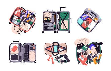 Travel suitcases set. Luggage, hand baggage stuffed with clothes, holiday and business accessories. Open tourists bag full of packed items. Flat vector illustrations isolated on white backgroundのイラスト素材