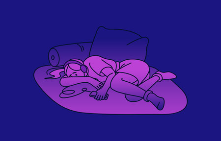 Unhappy upset woman in despair, lying and listening to sad music. Frustrated hopeless depressed apathetic person. Depression, melancholy, psychology problem concept. Flat vector illustrationのイラスト素材
