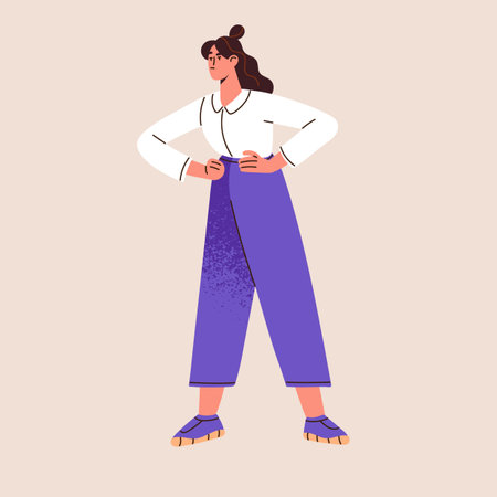 Discontent office worker with arms on hips. Displeased dissatisfied business woman with negative puzzled unsatisfied emotion, disappointment, displeasure, dislike expression. Flat vector illustrationのイラスト素材