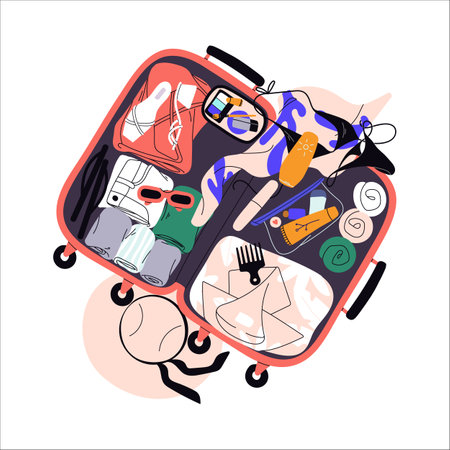 Open suitcase, travel bag with women holiday clothes, summer accessories. Female luggage, baggage with tourist content, bikini, beach hat. Flat graphic vector illustration isolated on white backgroundのイラスト素材