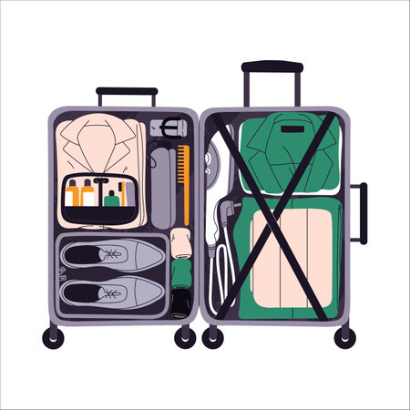 Open suitcase luggage for business trip. Ordered folded clothes, arranged stuff, neat content in baggage, travel bag prepared for journey. Flat graphic vector illustration isolated on white backgroundのイラスト素材
