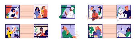 Neighbors in windows. Happy good neighbours, house activities. Neighborhood, neighbourhood concept. People spending time indoor at home. Flat graphic vector illustrations isolated on white backgroundのイラスト素材