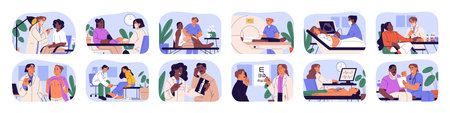 Doctors and patient in clinic set. Medical treatment and health care concept. People at diagnostic examinations, checkups, exams in hospital. Flat vector illustrations isolated on white backgroundのイラスト素材