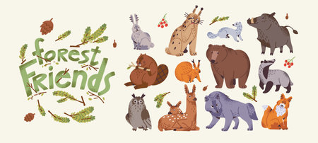 Cute forest animals set. Wild funny beast characters from woodland. Brown bear, fox, squirrel, owl bird, boar, wolf, lynx and hare. Childish wood habitats. Isolated flat vector illustrationsのイラスト素材